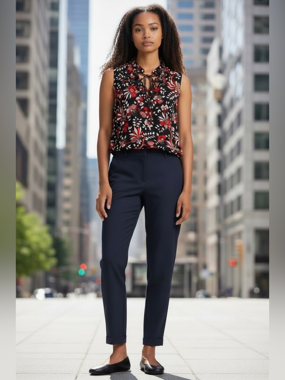 LOFT Sleeveless Ruffled Neck Floral Shell - Black & Red